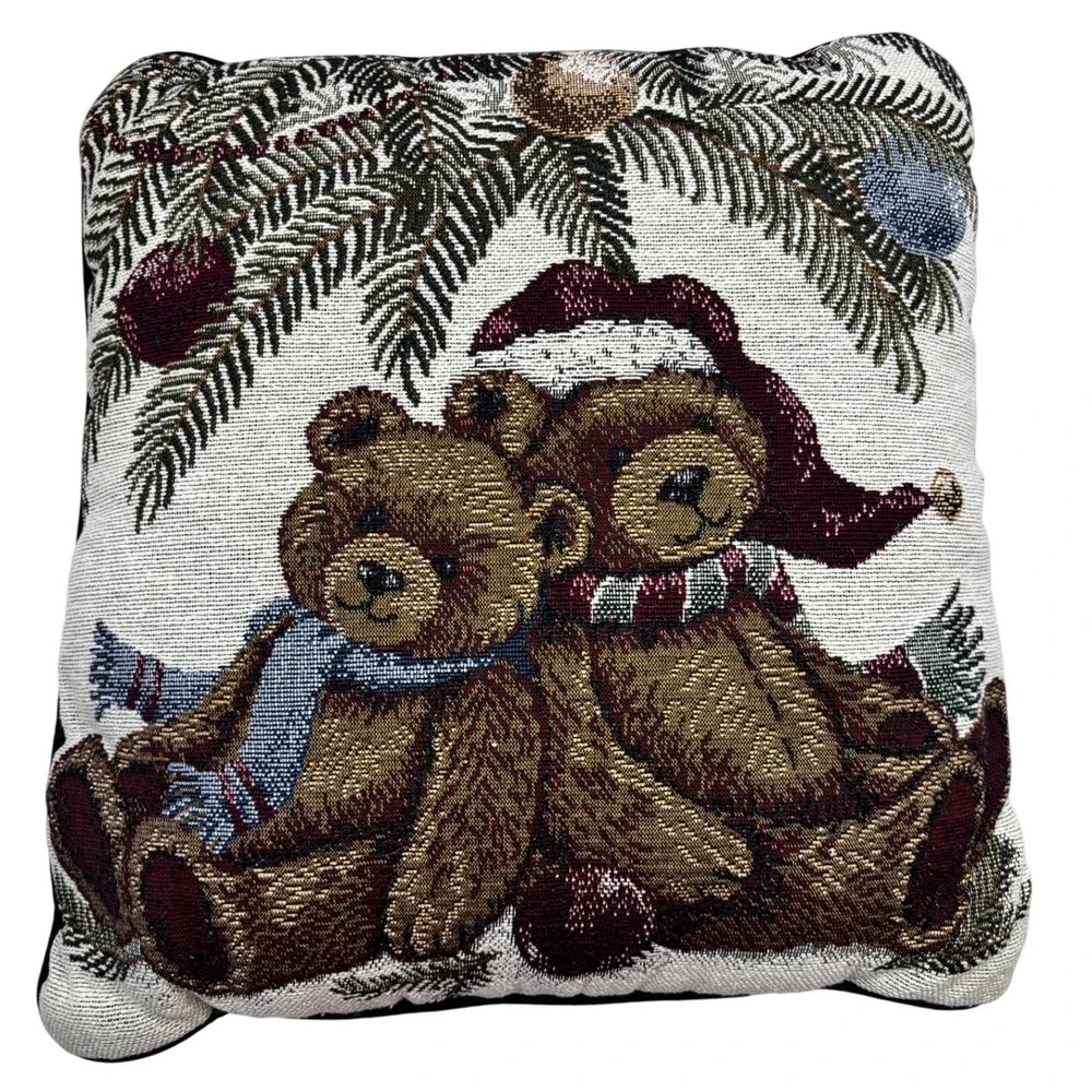 Vintage‎ Christmas Teddy Bear Woven Tapestry Throw Pillows Set of 2 Green Back